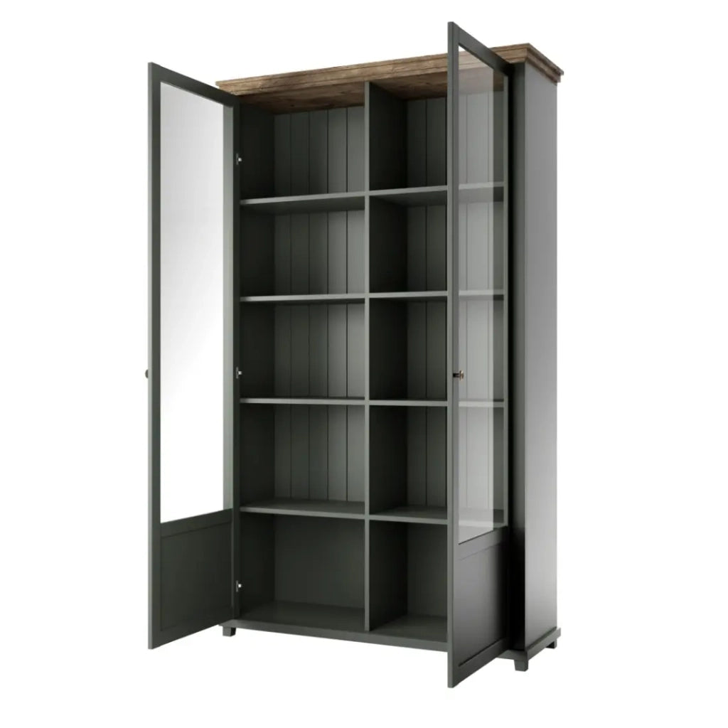 Set ufficio ASSIA verde scuro e legno – Scrivania 180 cm + libreria + vetrina 2 porte in vetro