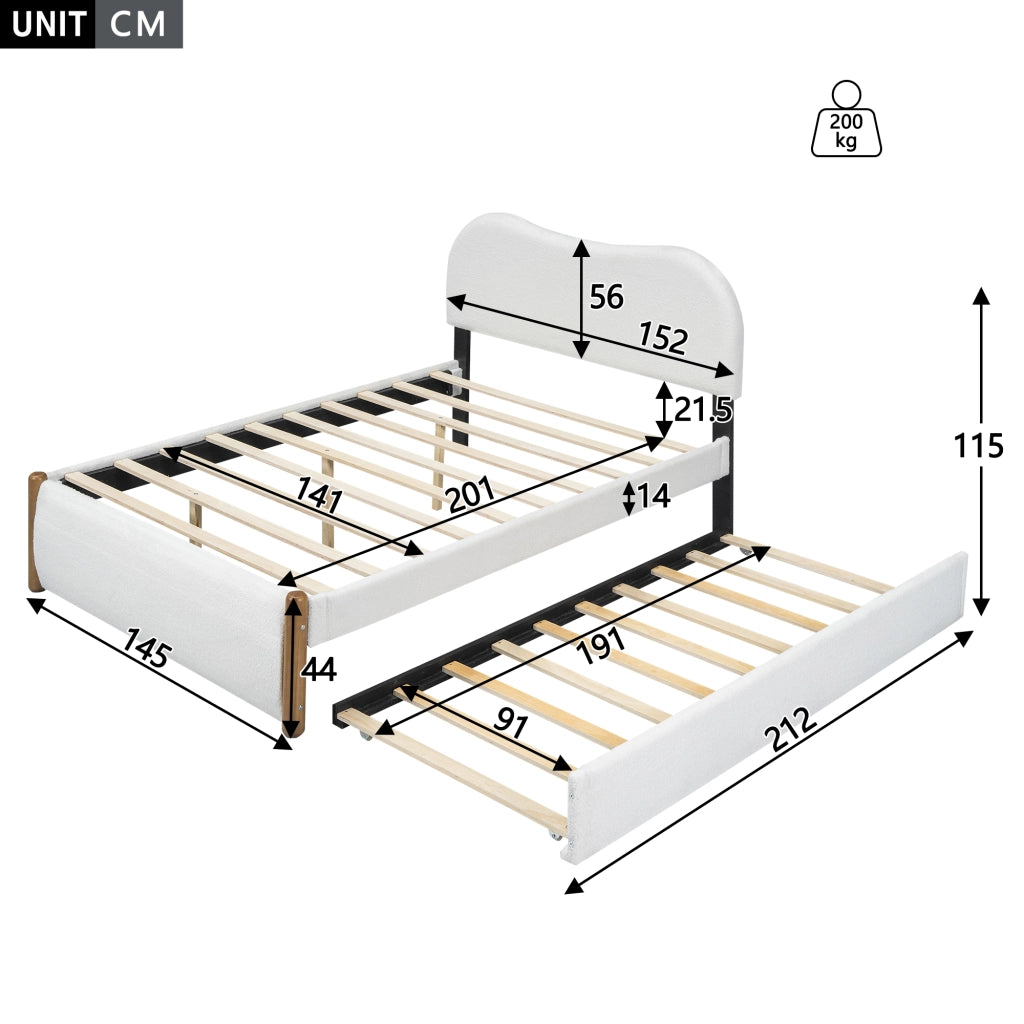 Letto matrimoniale 140×200 cm con letto estraibile; senza materasso; in plush e MDF; bianco