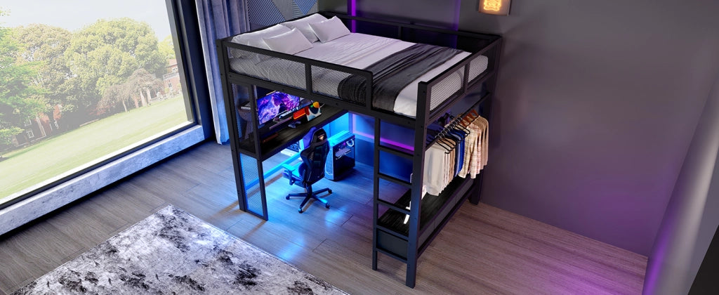 DESMIU Letto a soppalco matrimoniale con USB, LED, scrivania e 3 cassetti, 140 × 200 cm, senza materasso