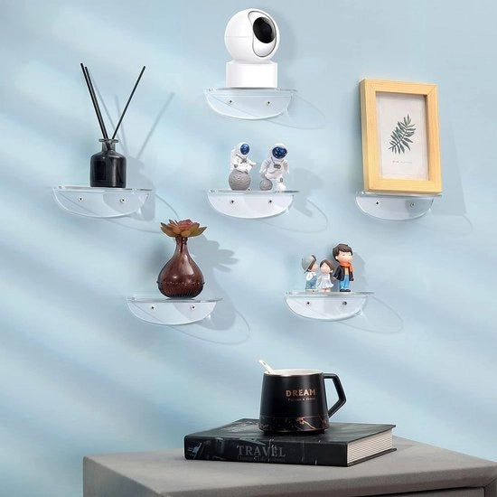 Pannelli acrilici galleggianti, set di 6 pezzi, 14 cm pannello, trasparente, mensole appese, mensole galleggianti, mini mensole, mensole per bagno, camera da letto, cucina, soggiorno decorazione per parete