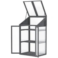 Mini Serra, piccola serra con struttura in legno, finestra e doppia porta, 3 ripiani, 70L x 50P x 120H cm, Grigio