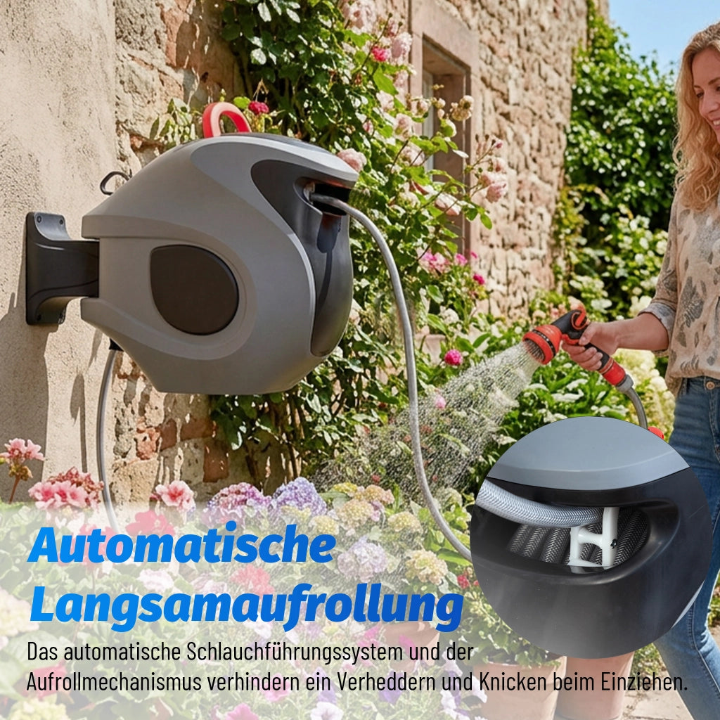Avvolgitubo automatico da 30 m con ugello a 9 vie, supporto a parete, blocco di retrazione regolabile e rotazione a 180¡ã ¨C Resistente ai raggi UV e