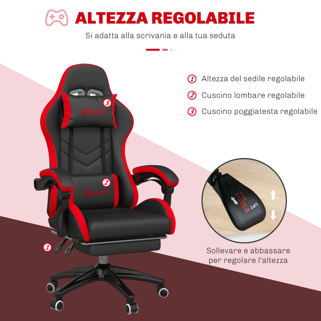 Sedia da Gaming con Altezza Regolabile e Schienale Reclinabile, 65x65x121-129 cm, Nero e Rosso