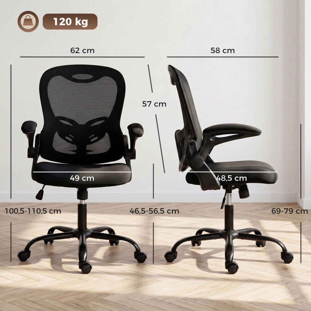 Sedia da ufficio ergonomica in rete con braccioli ribaltabili, altezza regolabile 46,5-56,5 cm e bascula, nera