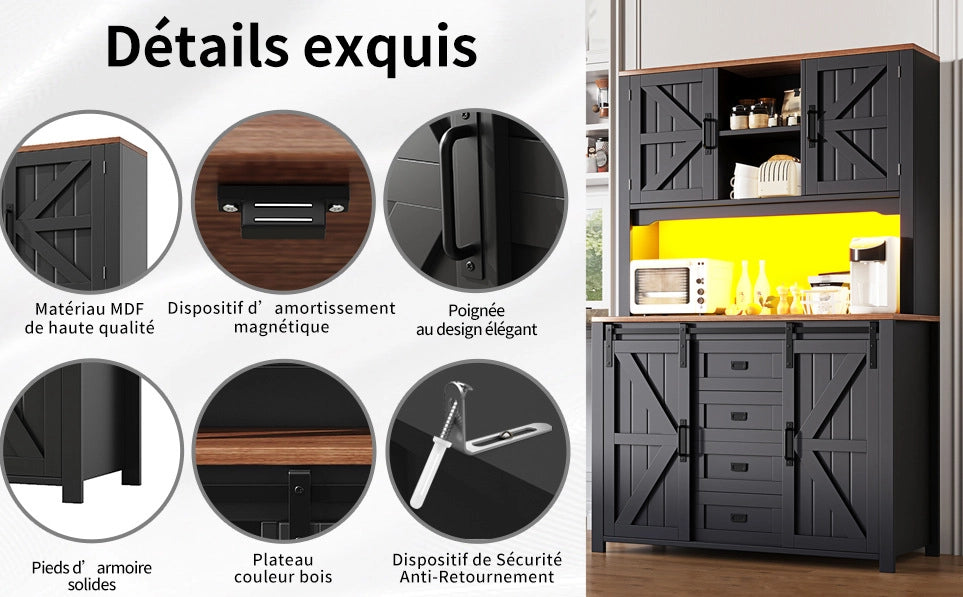 Mobile cucina alto 107x43x184 cm con LED, ripiani aperti e anta nera