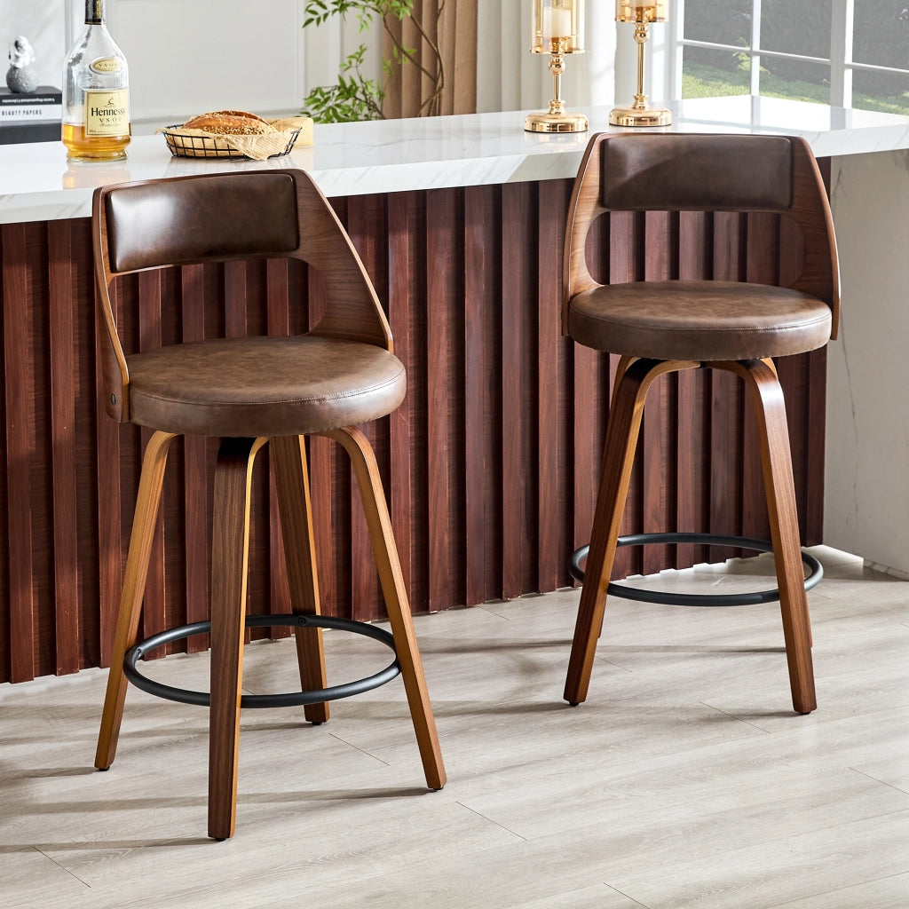 Sgabello da bar 2 pezzi con schienale in legno e rivestimento in PU, stile retrò per cucina e isola marrone