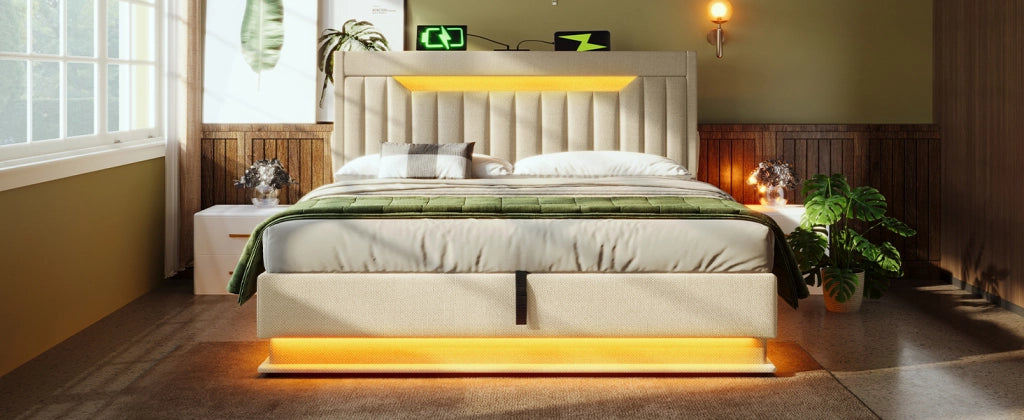 Letto matrimoniale imbottito 160x200 cm con LED, ricarica USB e Type-C, contenitore idraulico, beige, con materasso