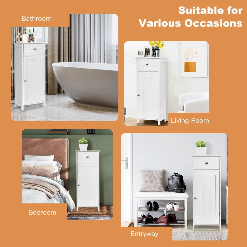 Armadietto Bagno da Terra, Mobiletto a 3 Ripiani con Anta, Cassetto, Manico, Spazio Interno Flessibile, Compatto e Salvaspazio, 35,5x30,5x88 cm, Bianco/Marrone/Grigio/Nero
