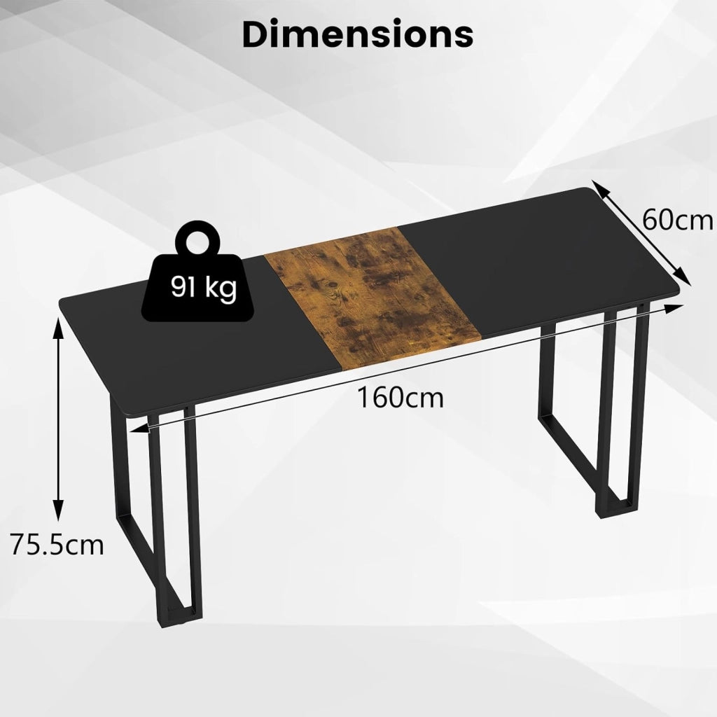 Scrivania per computer in stile industriale, 160 x 60 x 75,5 cm, grande tavolo da lavoro con telaio in metallo, per ufficio, studio, sala da pranzo (nero+marrone)