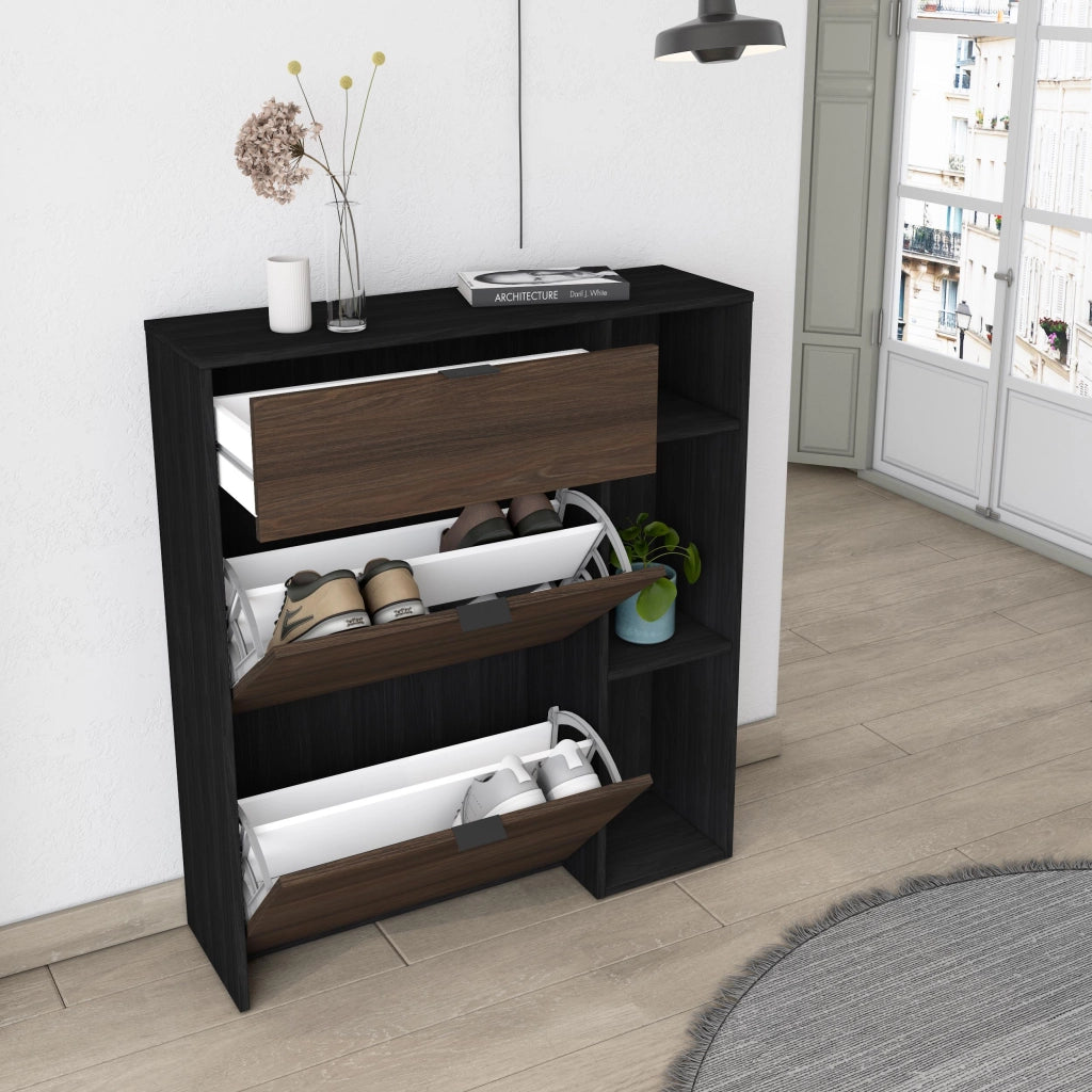Scarpiera Ingresso, 90x27x102cm, 10 paia di scarpe, Armadio, Nero e Rovere scuro