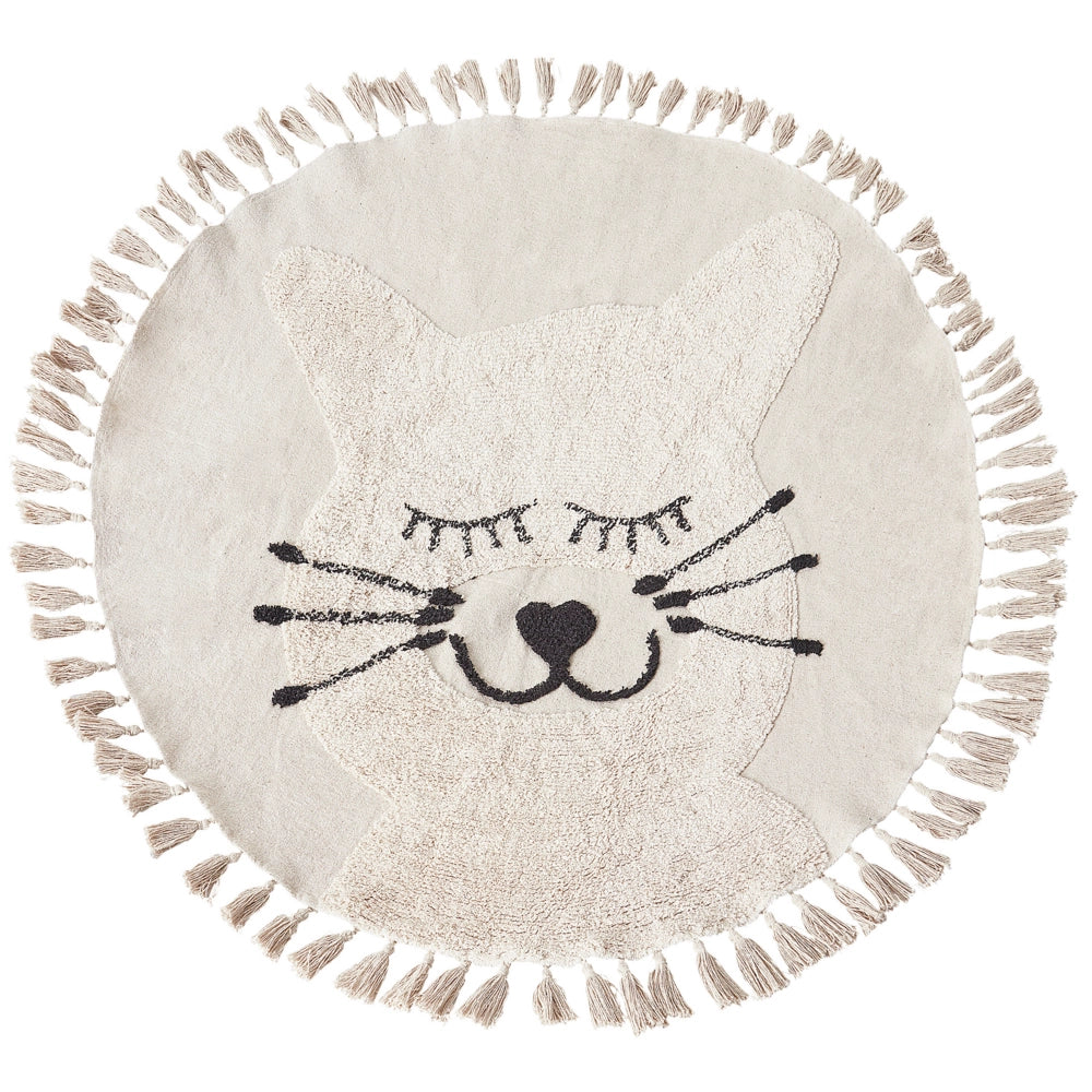 Tappeto Beige Cotone ø 120 cm Rotondo Decorativo Gatto Motivo Nappe Stile Boho Soggiorno Bambini Camera dei bambini