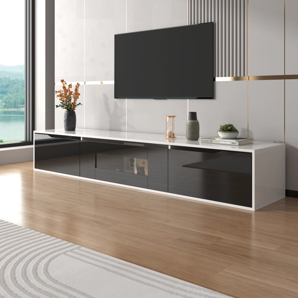 OKWISH Mobile TV con 2 Ante e LED, Frontale Scanalato, Finitura Lucida Laccata, per Soggiorno, 180×35×30 cm