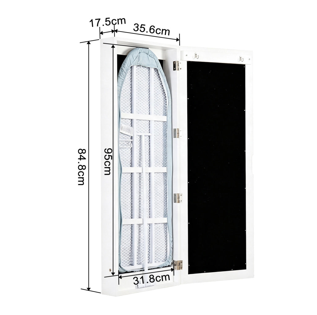 Mobile da parete con asse da stiro e specchio; MDF bianco; 105 x 43;5 x 16 cm
