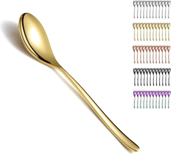 Set di cucchiai da tavola in acciaio inox titanio dorato, 19,1 cm, 12 pezzi, set di cucchiai da cucina, set di cucchiai da dessert, adatto a ogni pasto, per famiglia, ristorante, lavabile in lavastoviglie.