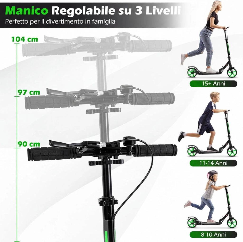 Monopattino Bambini e Adulti, Monopattino a Spinta Pieghevole e Regolabile in 3 Altezze, Monopattino Portatile con 2 Ruote, Cavalletto, Freno e Pedale Antiscivolo, Portata 100 kg