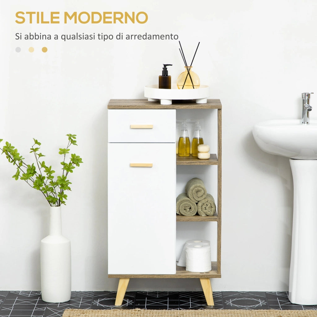 Mobile Bagno 1 Anta 1 Cassetto 50x30x89 cm in Truciolare e Legno di Pino Bianco