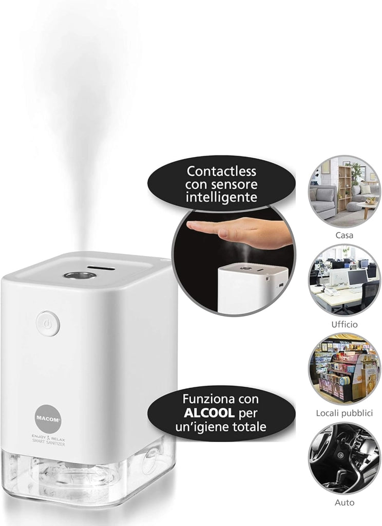 Macom enjoy & relax 877 smart sanitizer-sanificatore per mani cordless, ricaricabile con usb-contactless con sensore intelligente, bianco, travel size