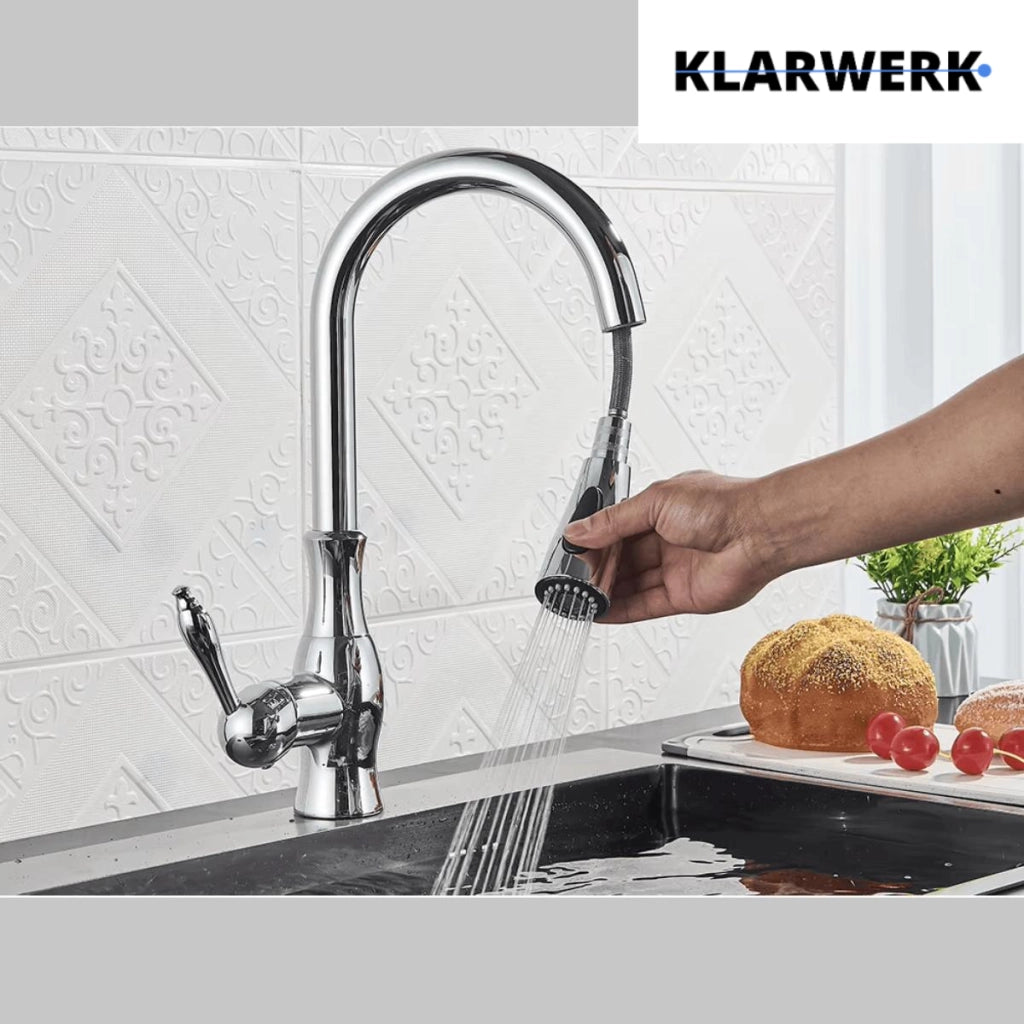 NAVIS | Elegante rubinetto cucina estraibile in acciaio inox cromato argento, arco alto, miscelatore di lusso, alta pressione, 360°, 2 attacchi