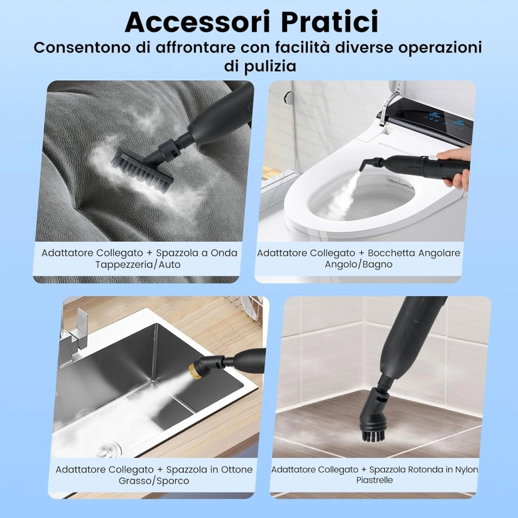 1600W Pulitore a Vapore Portatile, Vaporizzatore Domestico con Serbatoio d'Acqua 1 L (Sostenibile), Tempo Riscaldamento 10s, Macchina per Pulizia a Vapore Multiuso (Bianco)