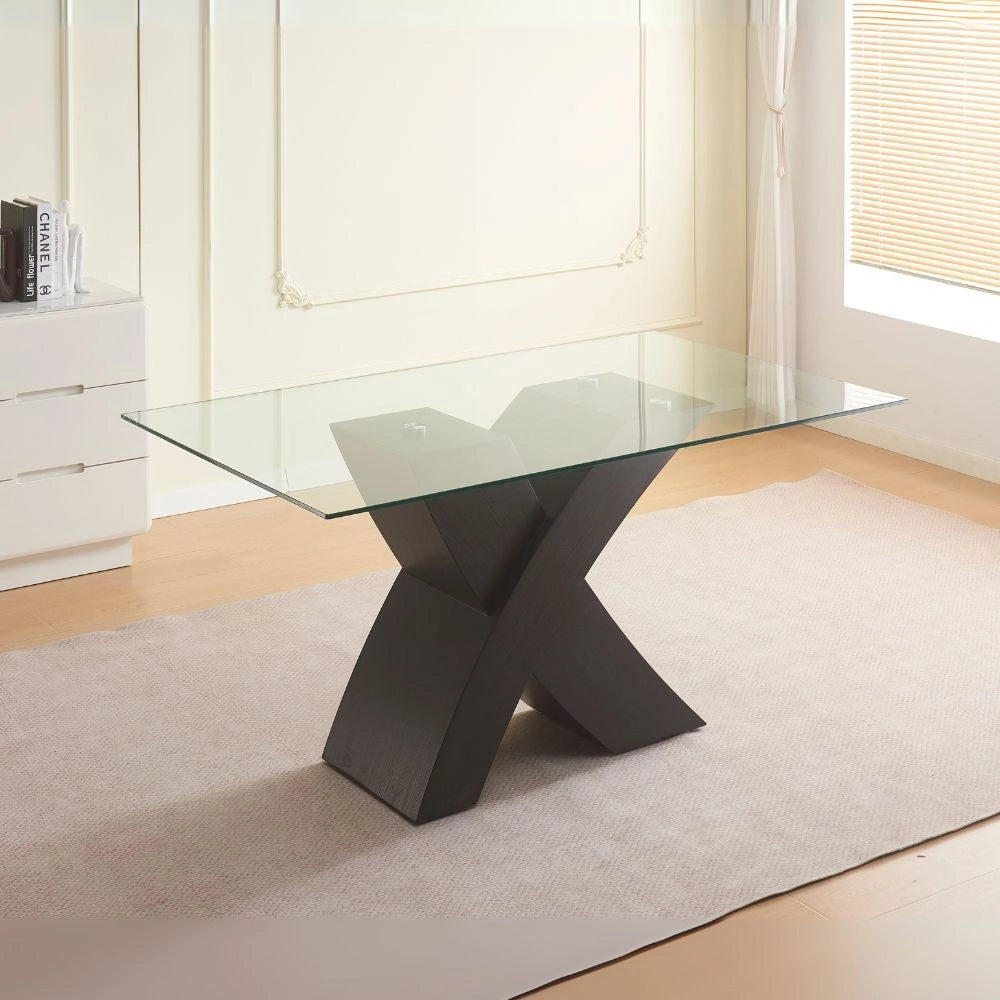 Tavolo fisso Duncan con piano in vetro e gambe incrociate effetto legno nero 150x90x76H