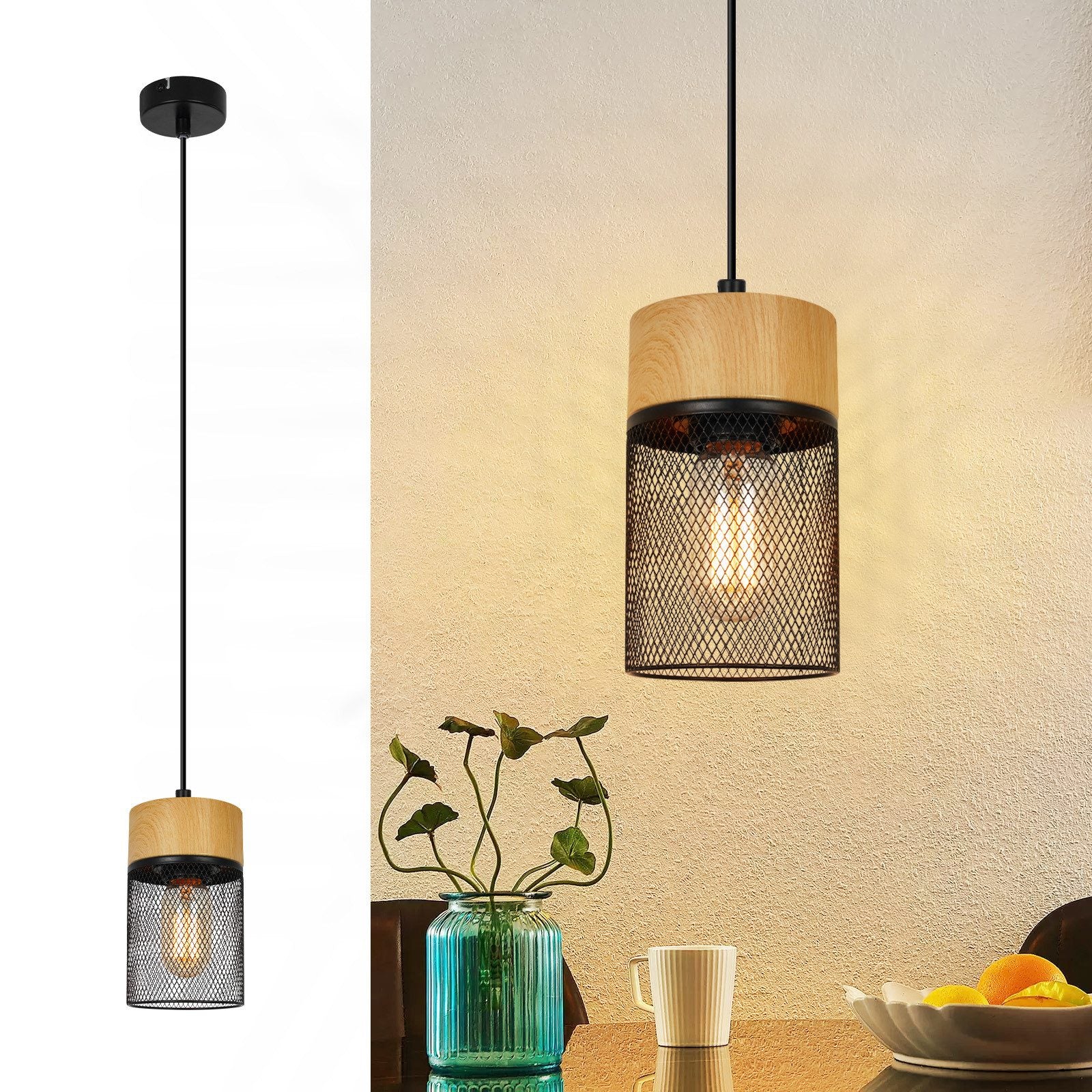 Lampada a sospensione ZMH 1 luce barra legno nero venature per sala da pranzo corridoio e bar