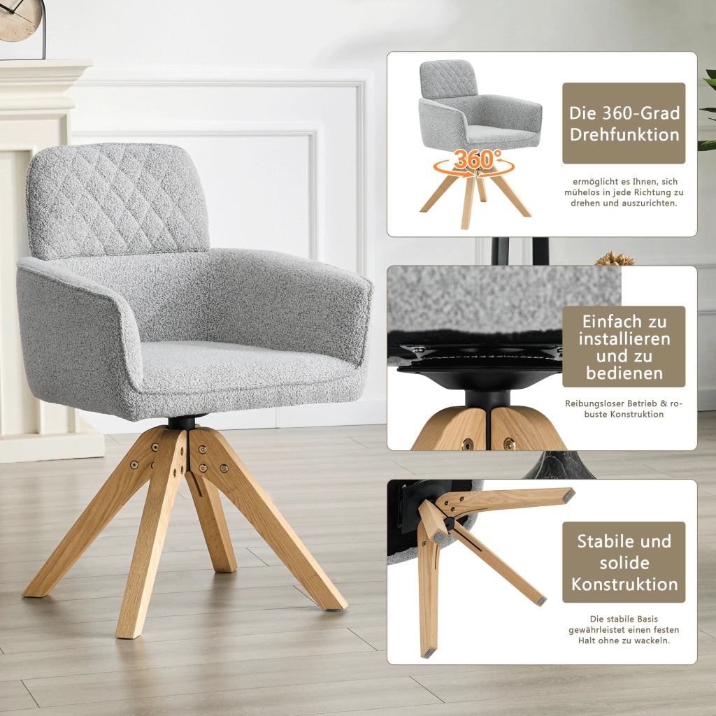 Sedia da Pranzo Set da 2 Girevole a 360° con Braccioli, in Tessuto e Legno Massello Grigio Chiaro
