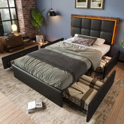 Letto singolo con cassetti e LED - Xylo - 90x200 cm - Nero - Luci integrate