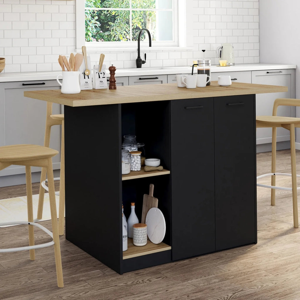 IDMarket - BAO 140 cm 4 persone isola centrale in legno nero con piano di lavoro effetto faggio