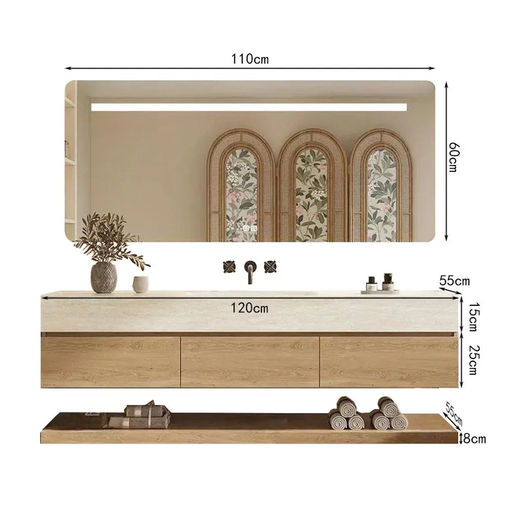 Set mobile bagno sospeso effetto travertino con lavabo in pietra sinterizzata e specchio senza foro rubinetto 120×55 cm