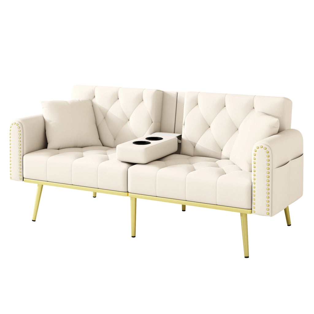 Divano letto 175x80x73.5 cm con schienale regolabile; portabicchieri; velluto beige