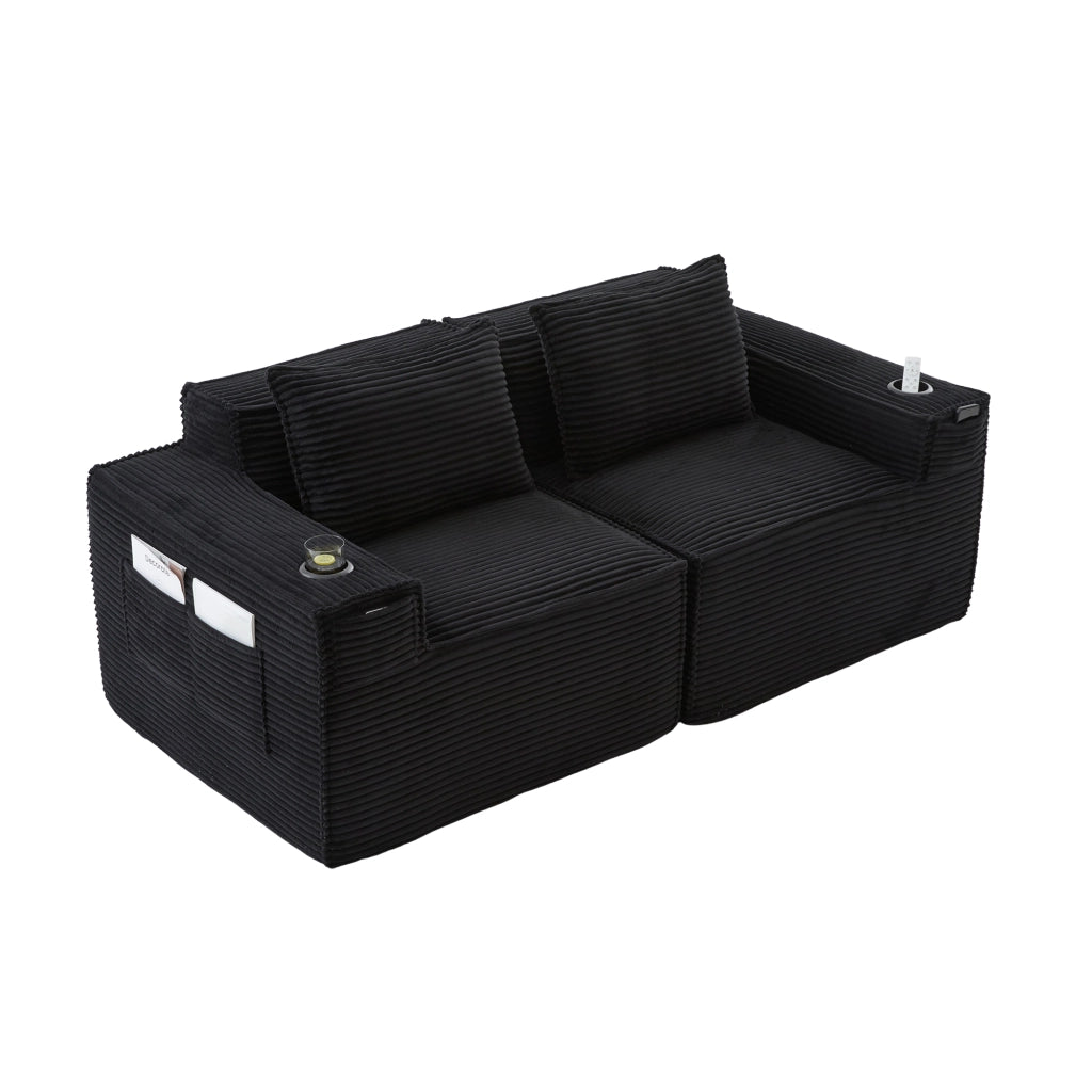 Divano modulare 2 posti in corduroy nero con portabicchieri e tasche laterali 188x90x75 cm