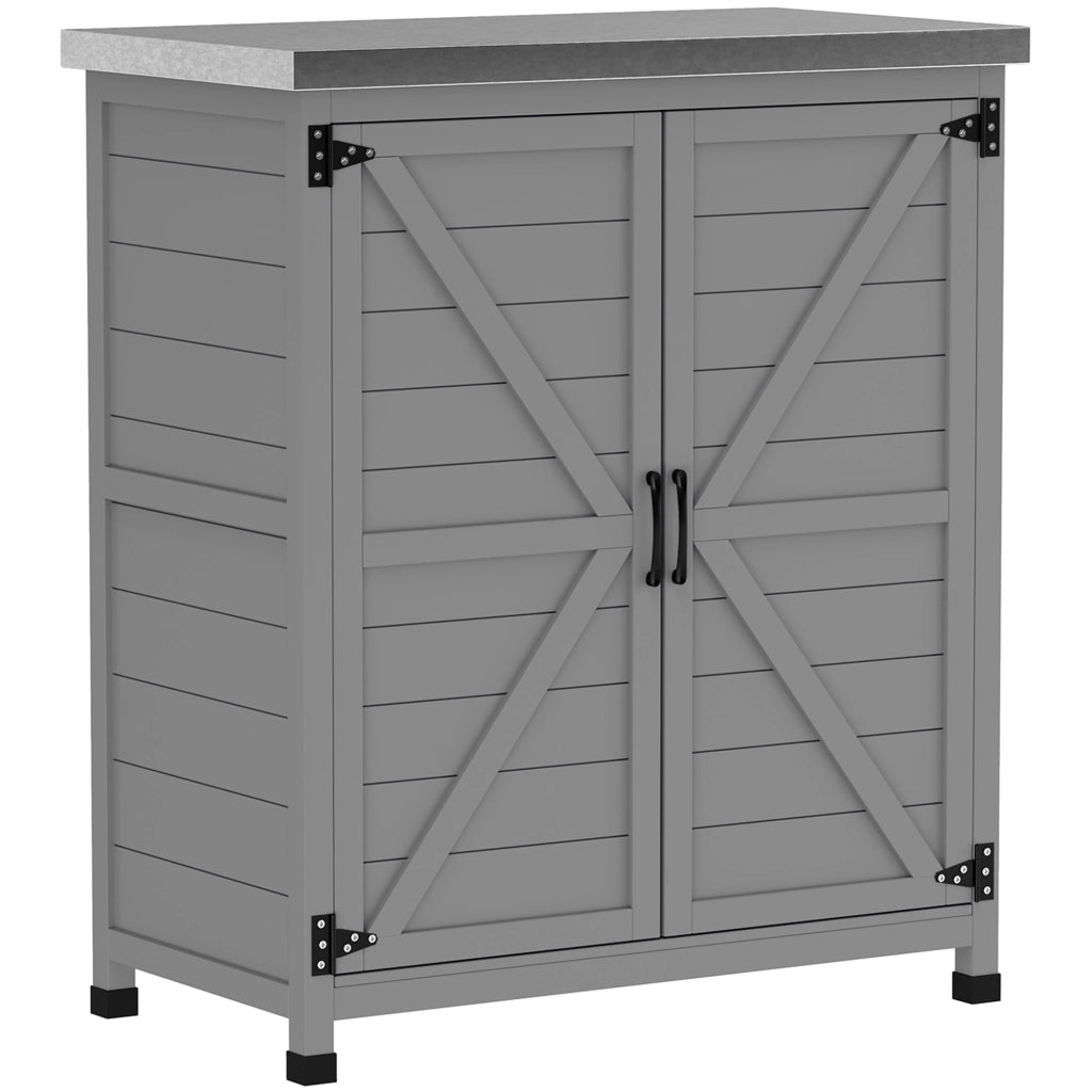 OKWISH Armadio da Giardino con Piano di Lavoro, Doppia Anta e Ripiano, per Uso Esterno, Legno, Grigio, 79 × 43 × 92 cm