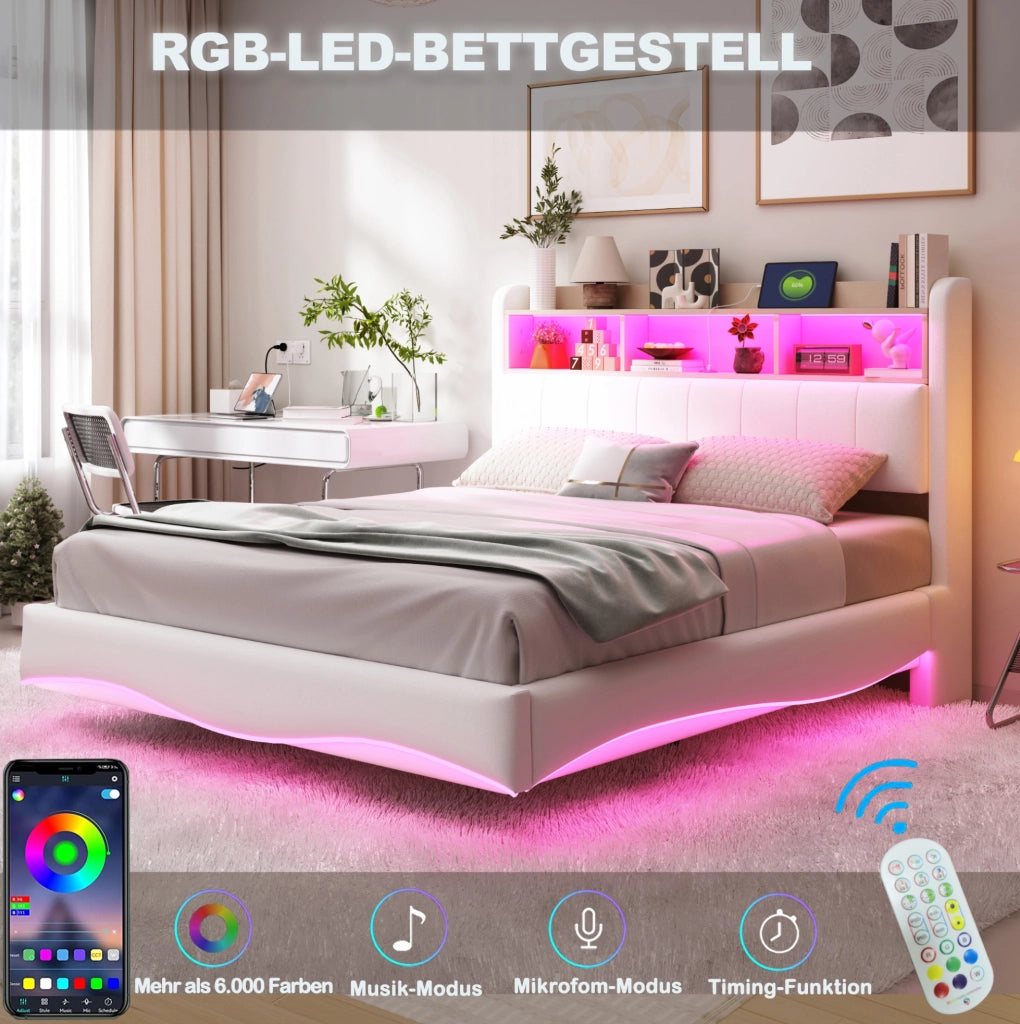 Letto imbottito sospeso 160x200 con LED; USB e Type-C; contenitore testiera; beige