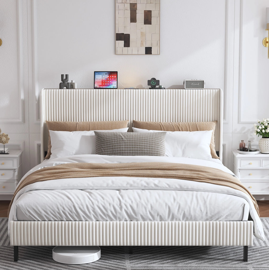 Letto imbottito 180x200 cm con struttura metallica silenziosa in velluto a coste beige e crema