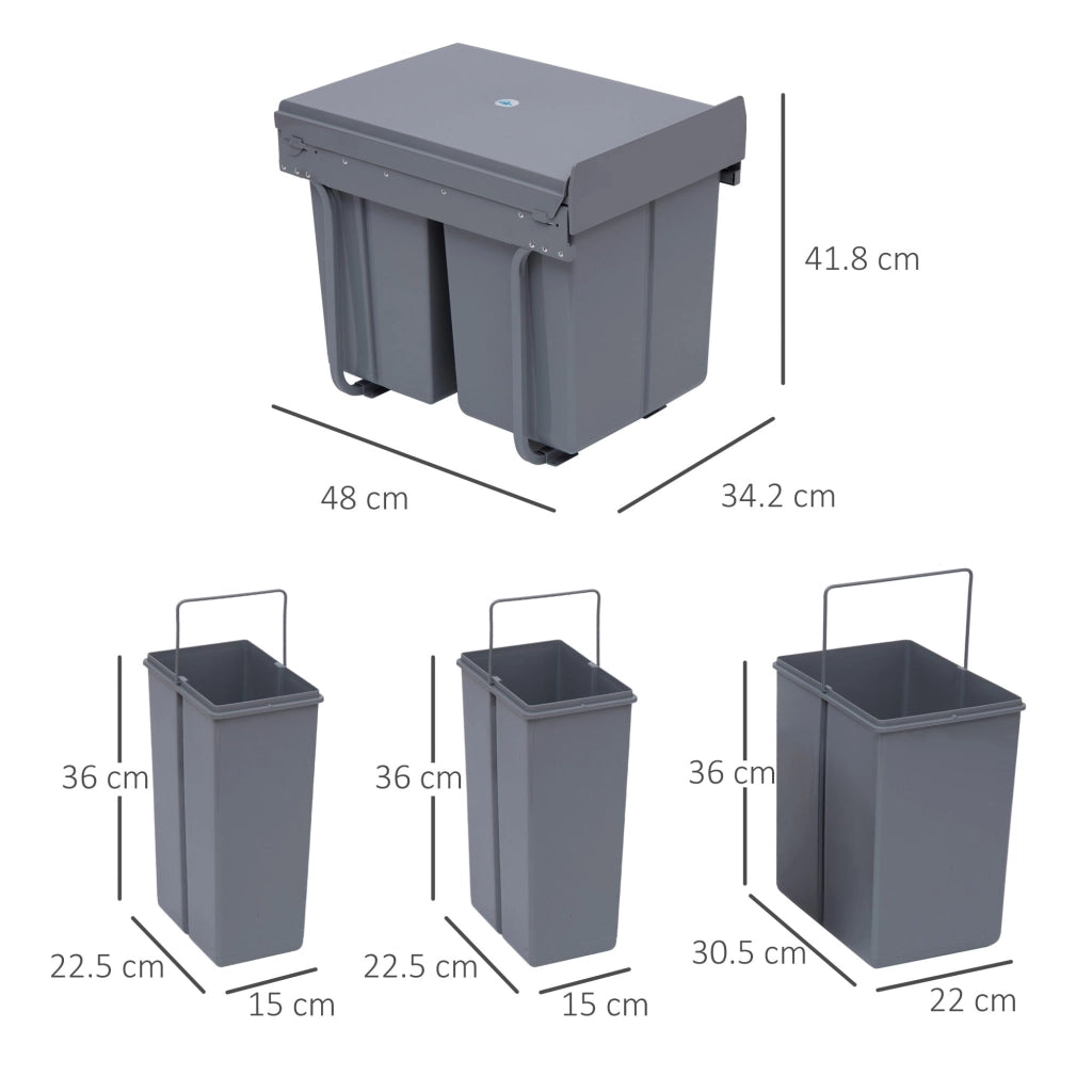 Pattumiera Differenziata 3 Contenitori 48x34,2x41,8 cm 40lt per Mobili Grigio