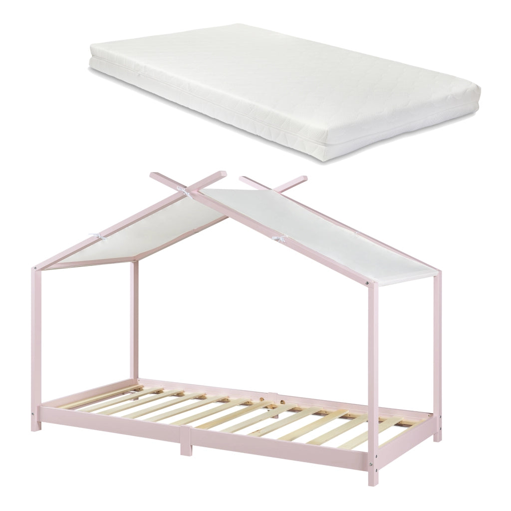 Letto Brome per Cameretta a Forma di Casetta e Materasso 90x200 cm Legno di Pino - Rosa [en.casa]