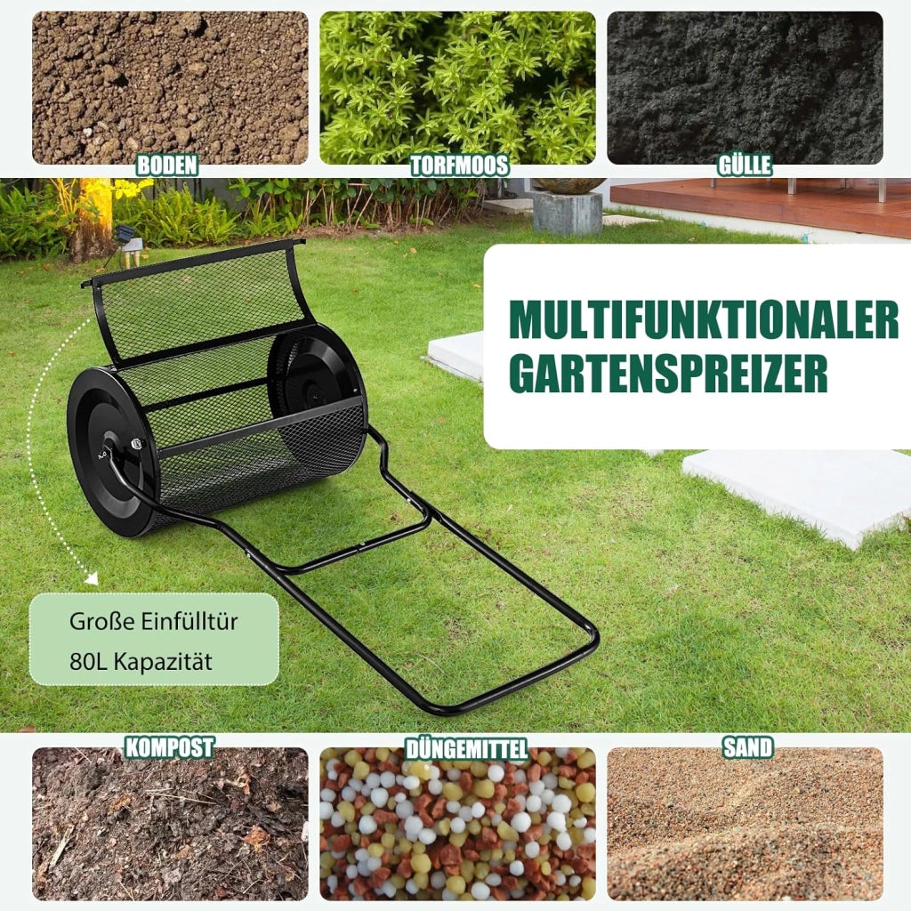 Rullo Spargiconcime Prato da 80L, Spargiconcime a Rullo Ø41 x 68 cm con Manico e Cestello in Rete Metallica, Spargiterriccio da Giardino per Concimazione e Semina