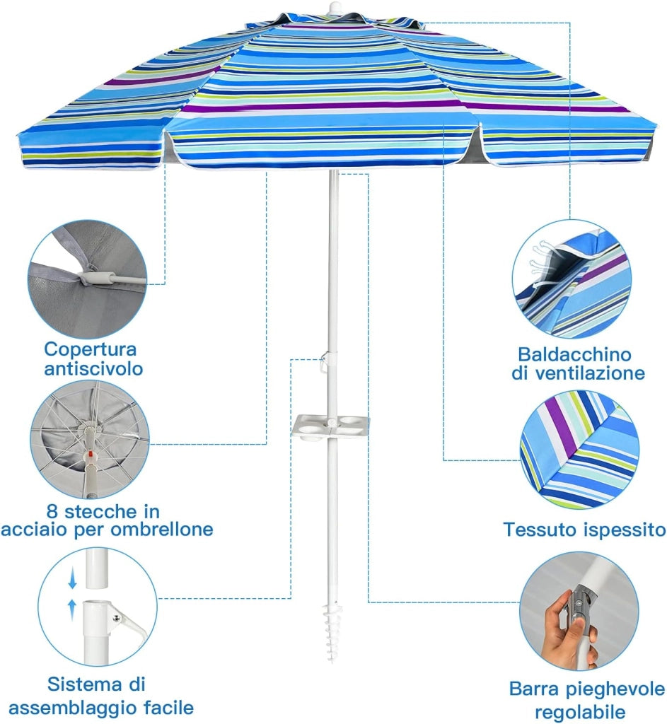 Ombrellone da Spiaggia 200 x 220 cm, Ombrellone da Mare con Inclinazione Regolabile, con Vassoio, 8 Stecche, Protezione UV, Impermeabile, Borsa di Trasporto (Blu)