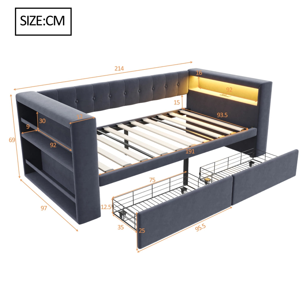Letto singolo imbottito 90×190 cm con LED; prese e 2 cassetti; senza materasso; grigio scuro