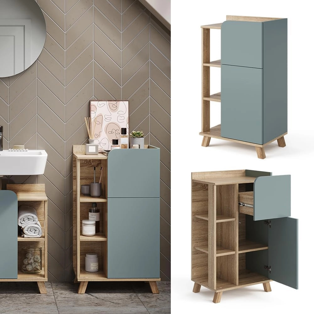 Mobiletto bagno Karen, Sonoma/blu, 50 x 90 cm con anta e cassetto, adatto per la conservazione di articoli da bagno e asciugamani