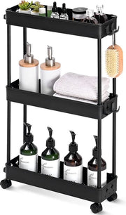 Carrello trasportatore 3 livelli su ruote, 13 cm di ampiezza, carrello utilità estendibile per angoli cucina o salotto, nero