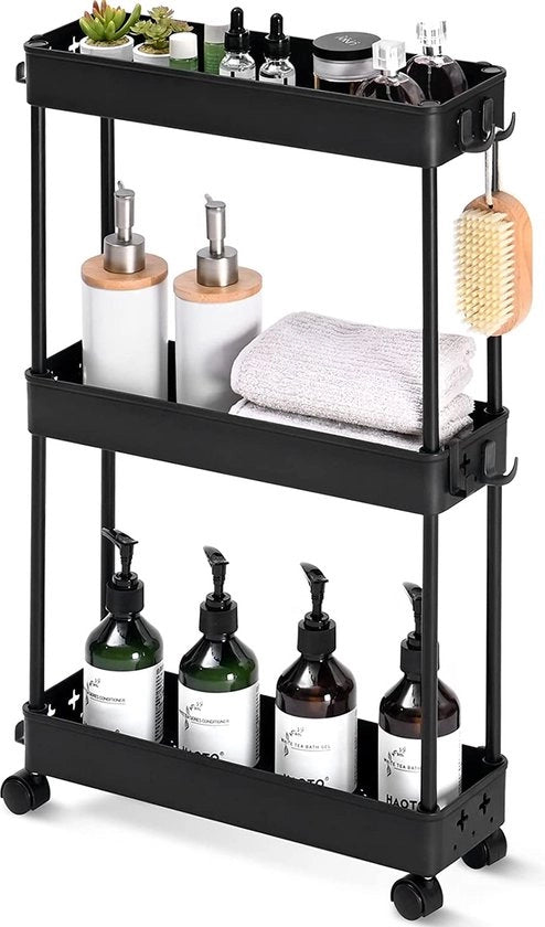 Carrello trasportatore 3 livelli su ruote, 13 cm di ampiezza, carrello utilità estendibile per angoli cucina o salotto, nero