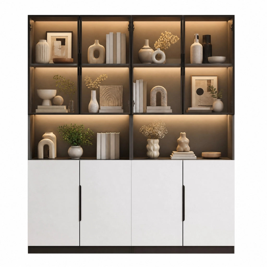 Vetrina moderna in bianco e nero con ante in vetro, LED regolabile, 160x30x200 cm