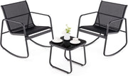 Set da Giardino per 2 Sedie a Dondolo con Tavolino in Vetro, Tessuto Traspirante e Gambe Regolabili, Ideale per Balcone, 3 Colori (Nero)