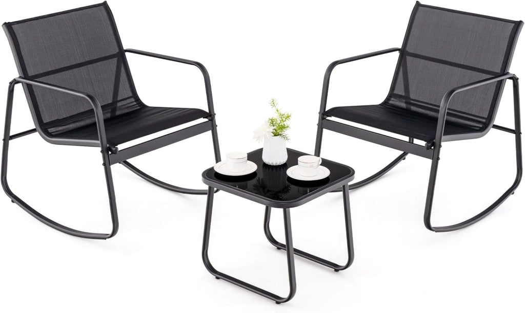 Set da Giardino per 2 Sedie a Dondolo con Tavolino in Vetro, Tessuto Traspirante e Gambe Regolabili, Ideale per Balcone, 3 Colori (Nero)