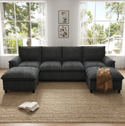 Divano in ciniglia nero con 2 pouf mobili, 264,5×142,5×84 cm