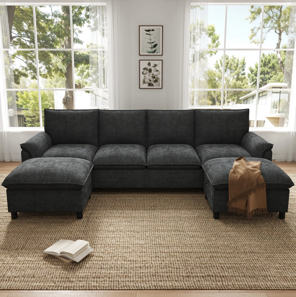 Divano in ciniglia nero con 2 pouf mobili, 264,5×142,5×84 cm