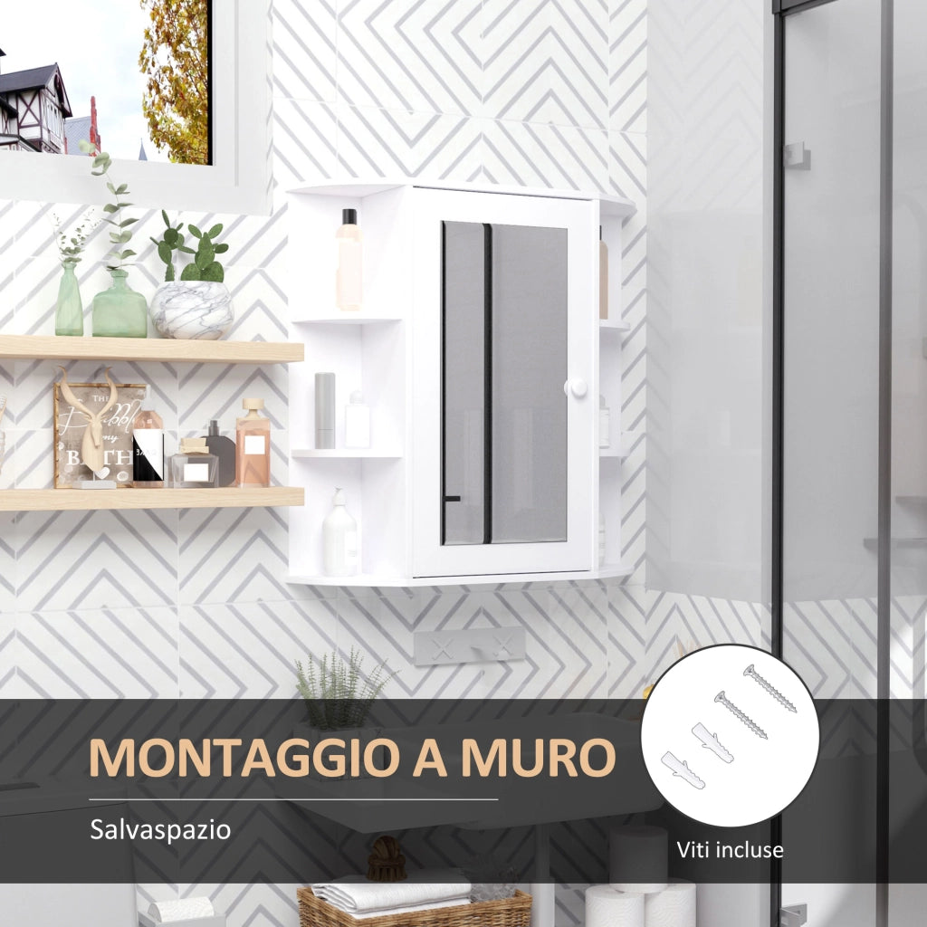 EasyComfort Specchio Bagno Contenitore, Armadietto Bagno con Specchio, Anta Centrale e Mensole in Legno Bianco (66 x 17 x 63 cm)