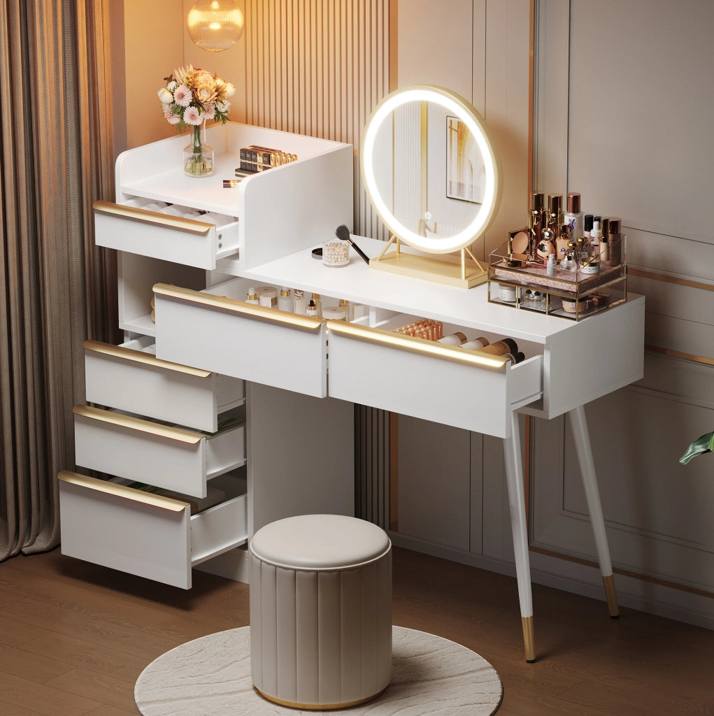 Tavolo da trucco con piano estraibile, 6 cassetti e specchio illuminato