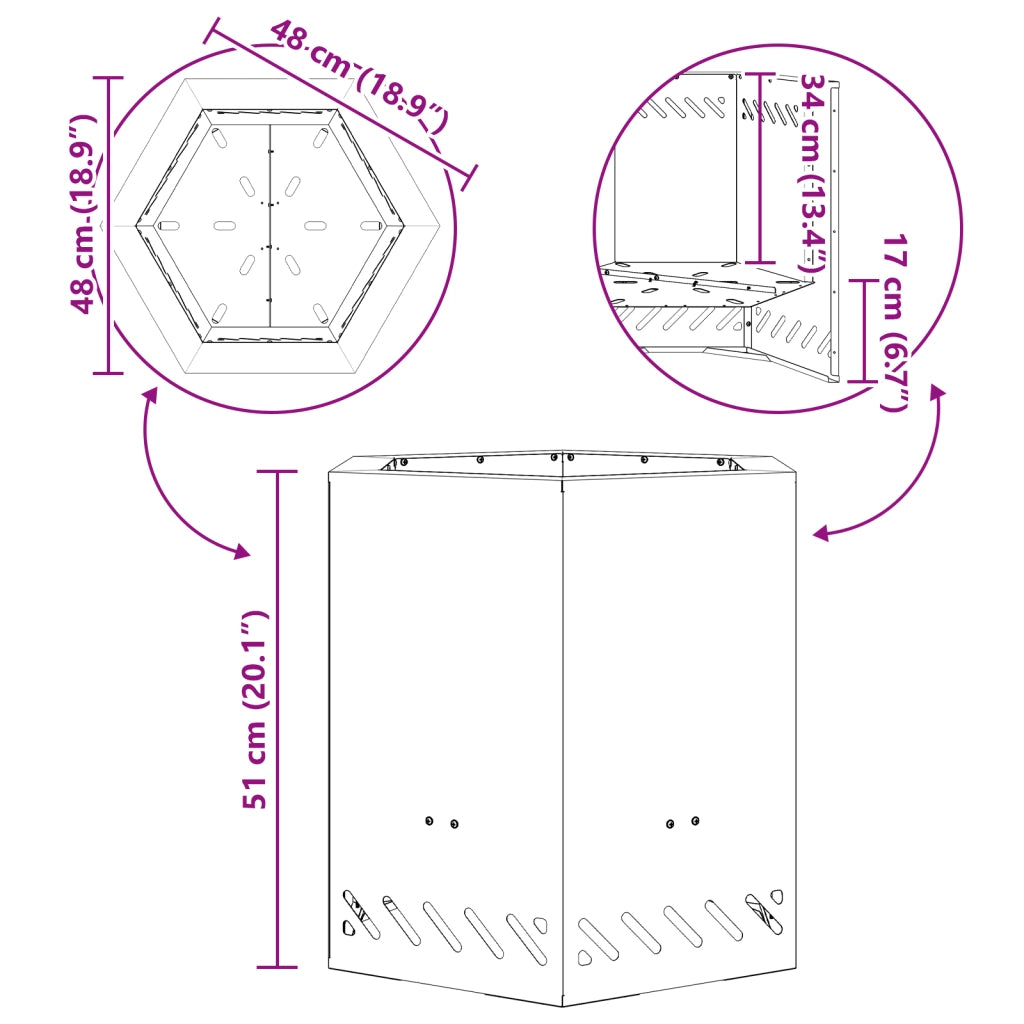 Focolare Senza Fumi Esagonale Nero 48x48x51 cm Acciaio